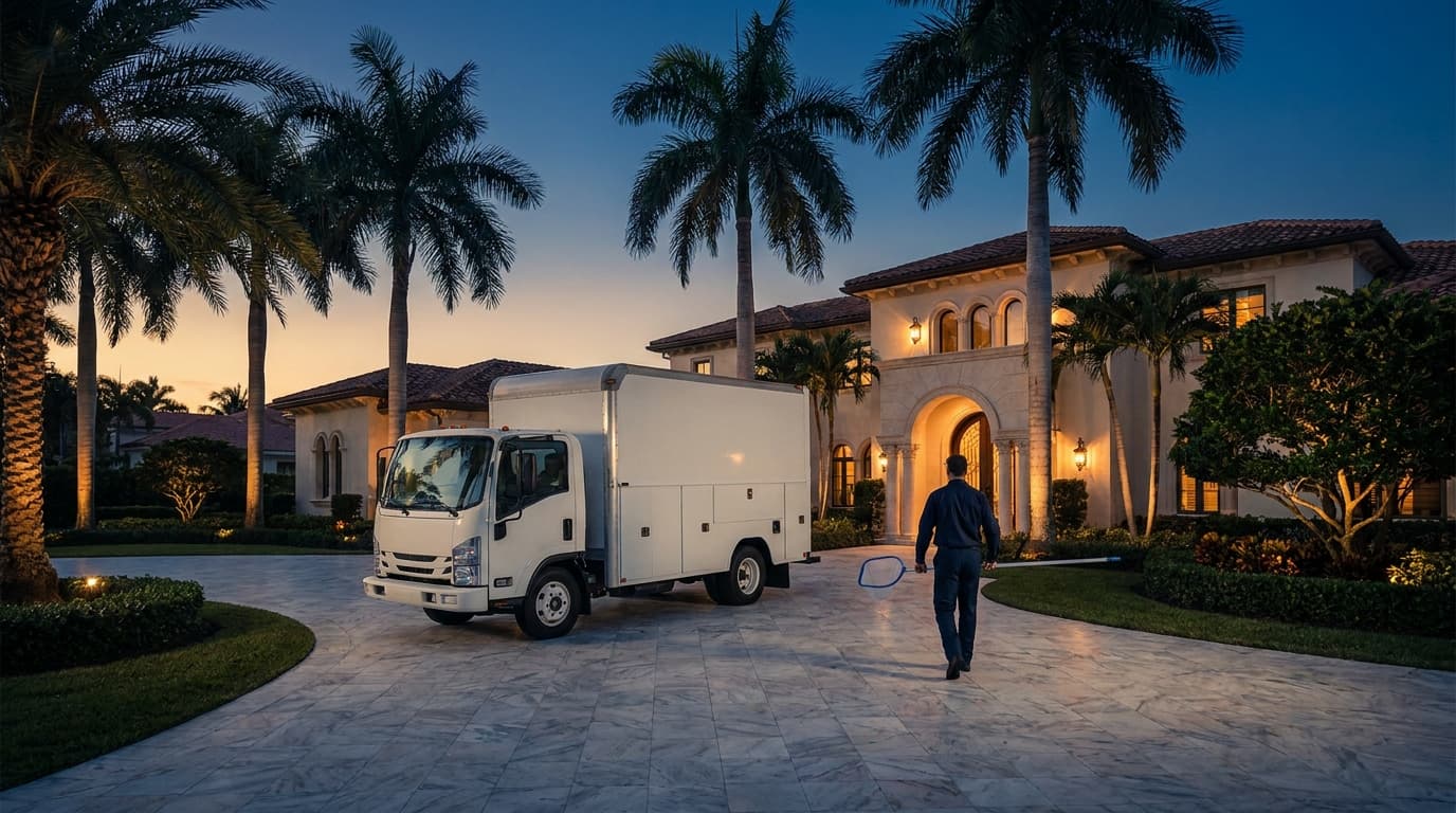 Aqua Team Pool service truck arriving at a Boca Raton home